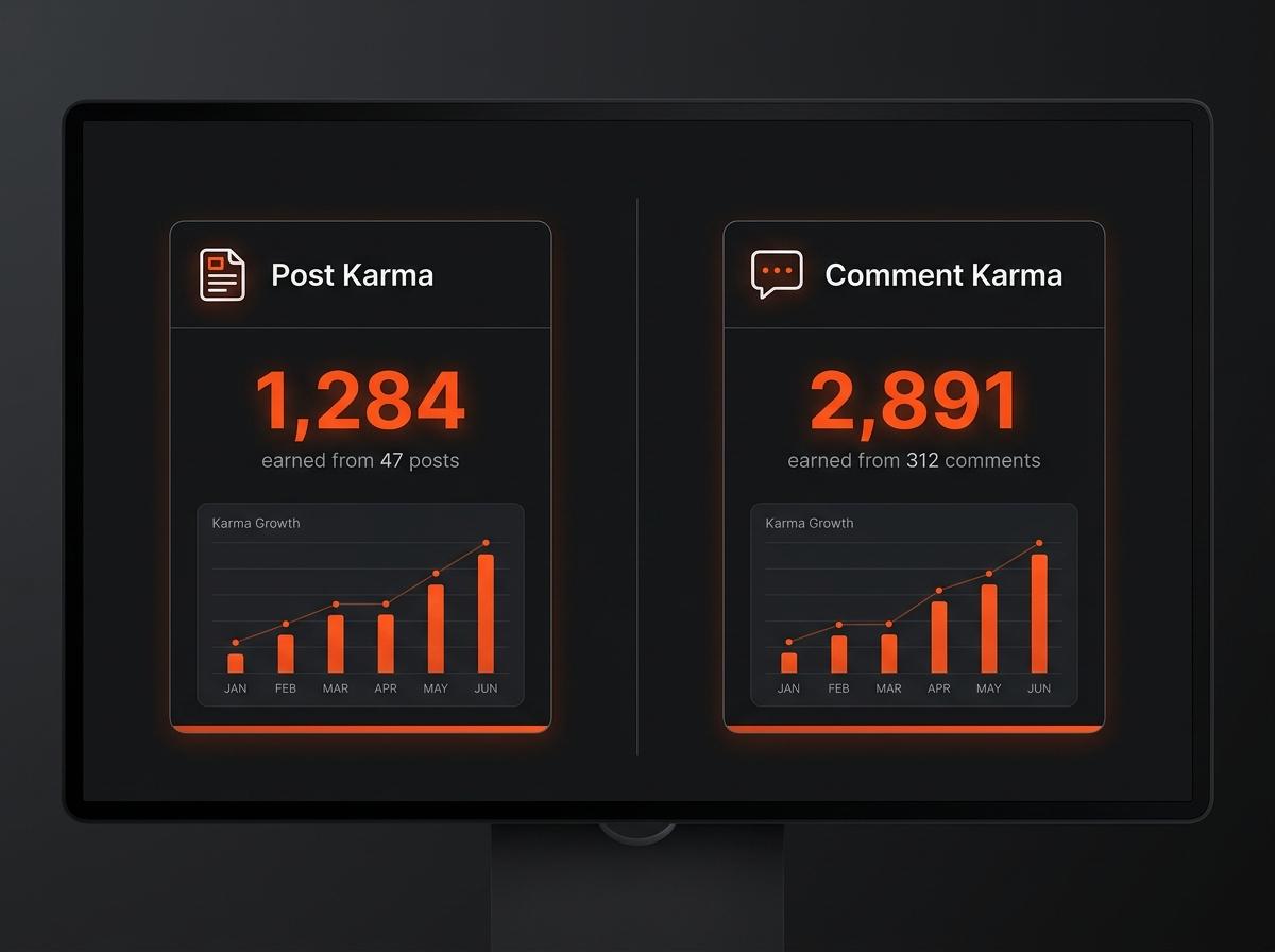Side-by-side UI showing Post Karma 1,284 and Comment Karma 2,891 on a Reddit profile