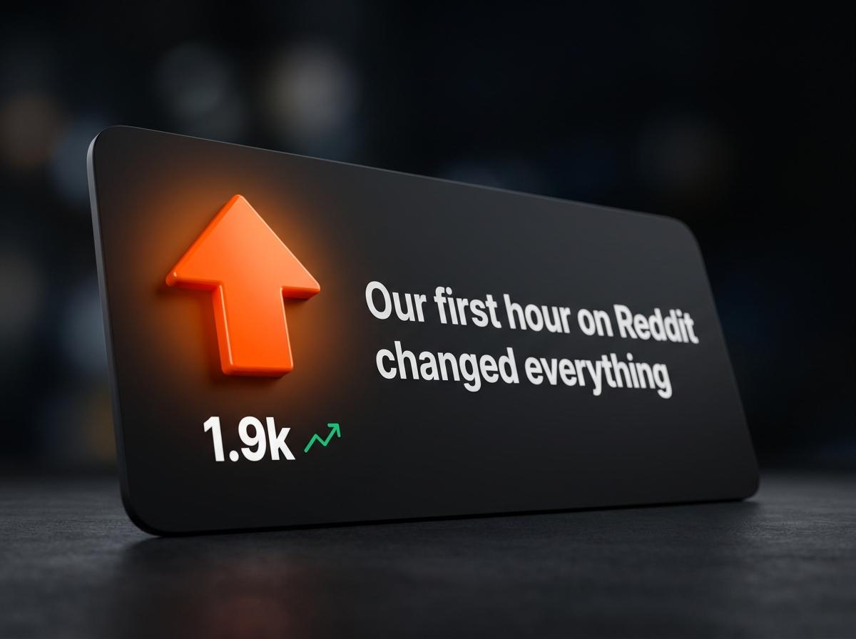 Close-up Reddit post card with a glowing orange upvote arrow and rising score