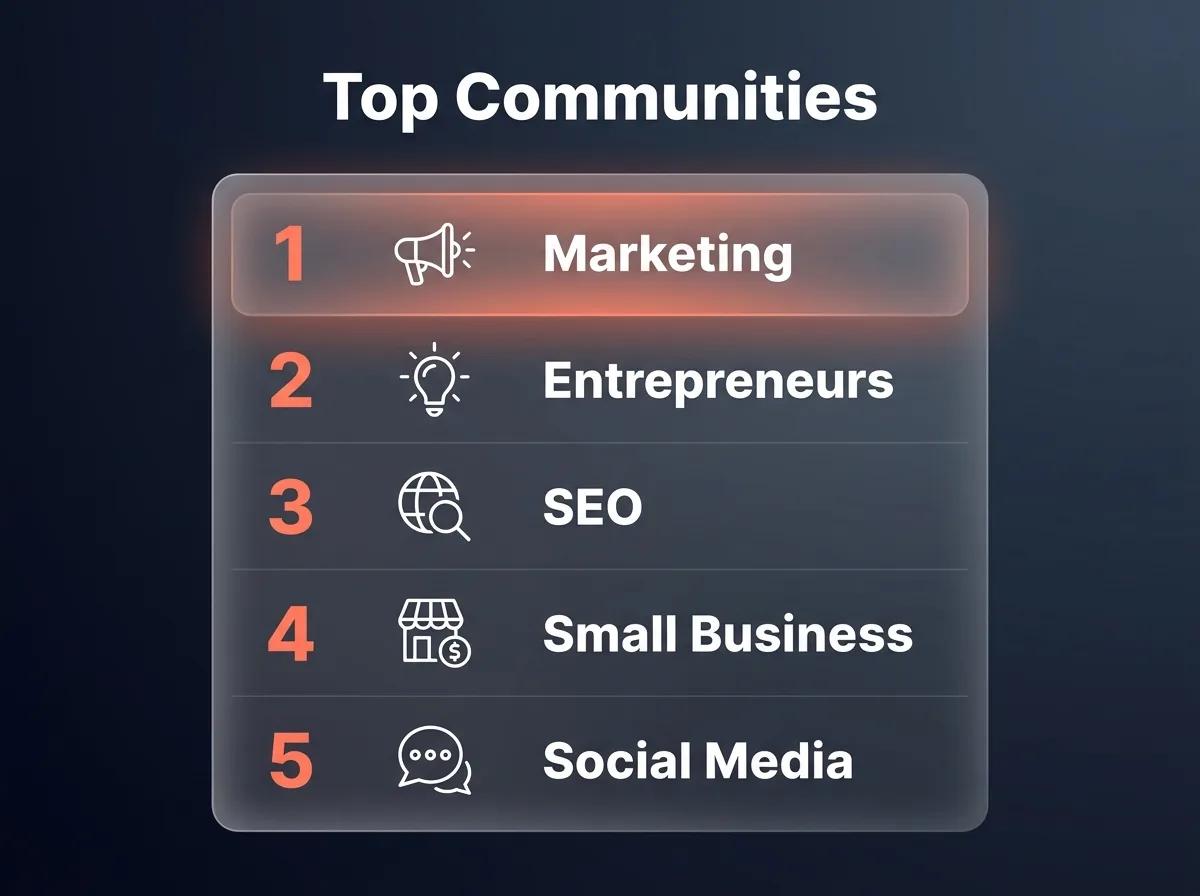 Ranked graphic of the top five subreddits for marketing and business promotion