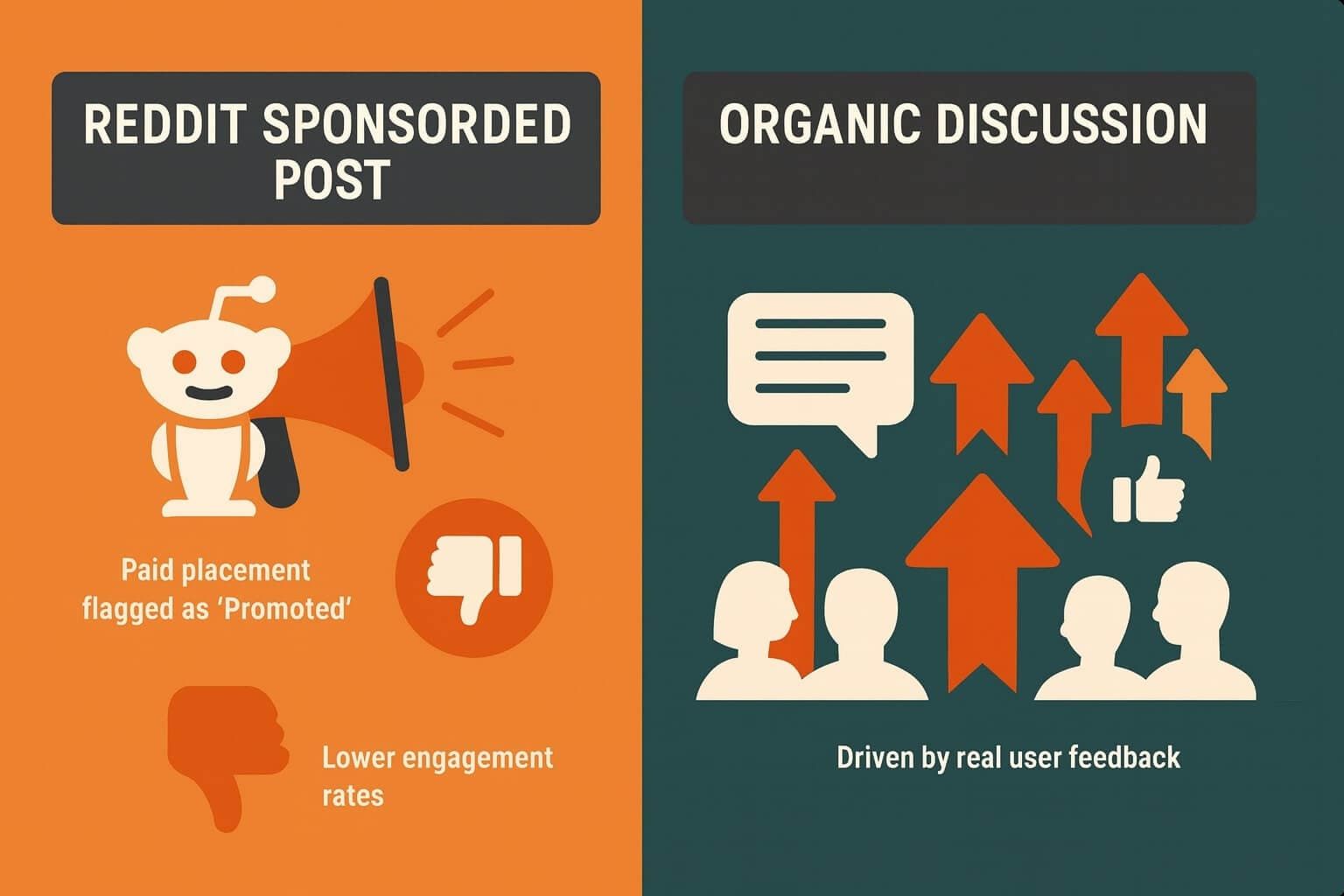 A flat infographic comparing Reddit sponsored posts with organic discussions driven by real users and upvotes