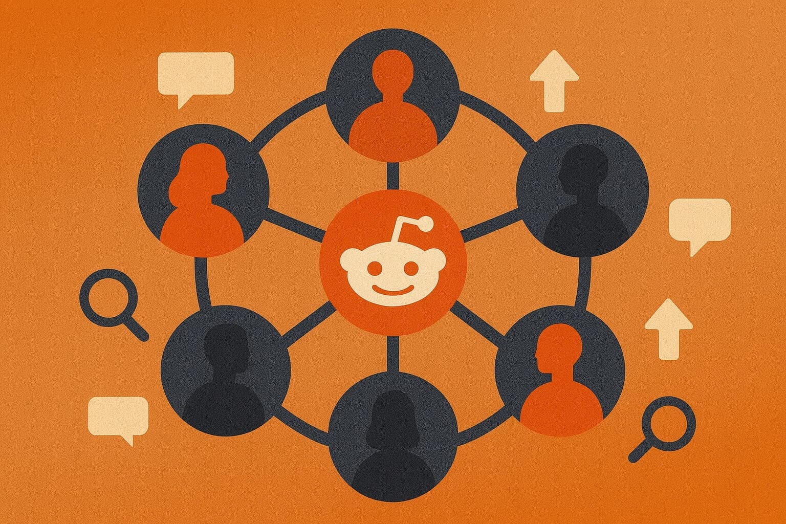 A modern flat illustration of Reddit users forming a circular network with conversation threads and upvote icons, symbolizing brand loyalty
