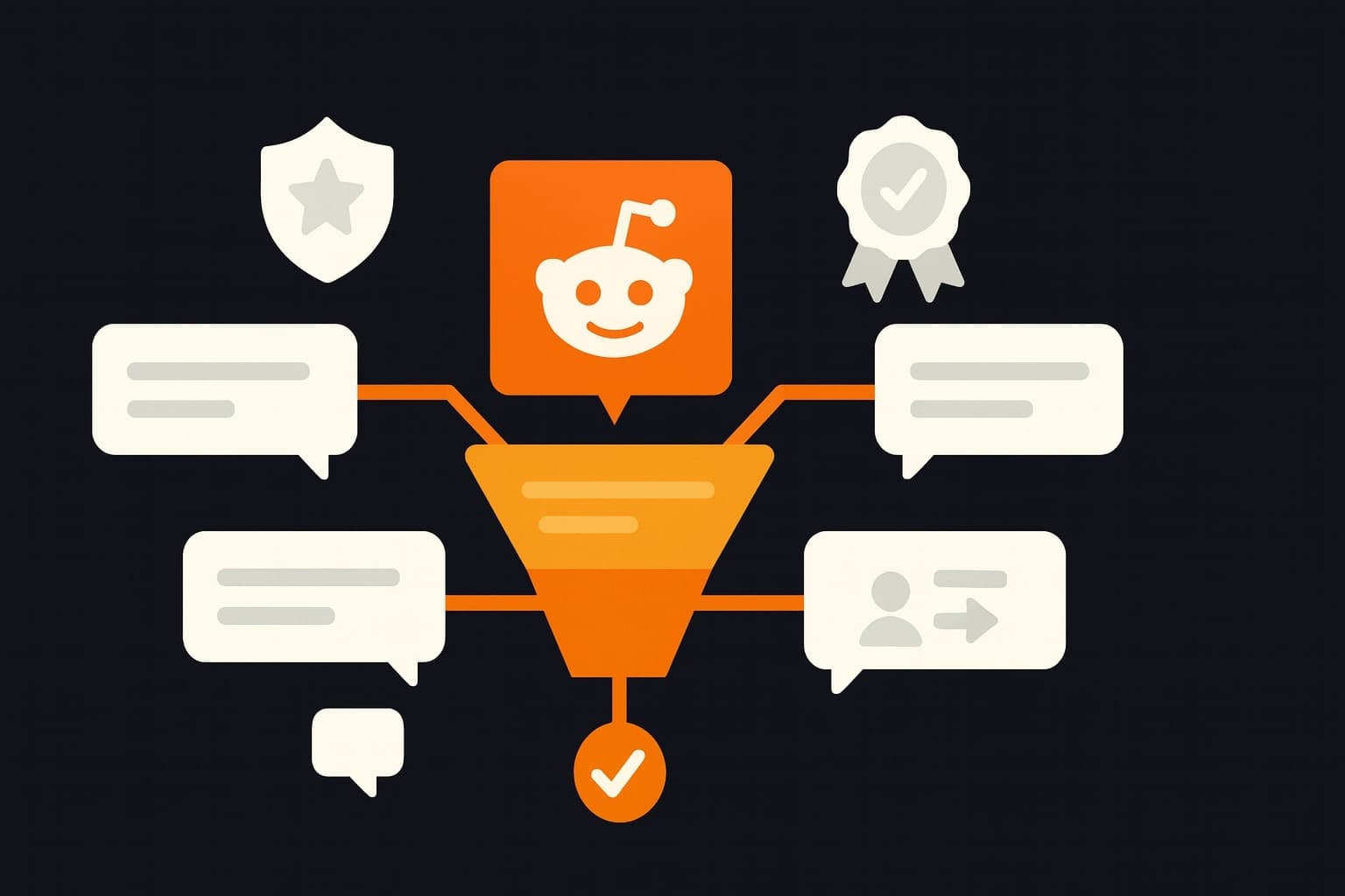 A conceptual illustration of Reddit comments branching from a central post with trust and credibility icons around it