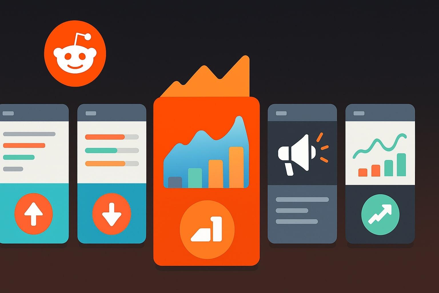 A visual lineup of Reddit marketing tools with analytics charts, upvote icons, and brand growth symbols