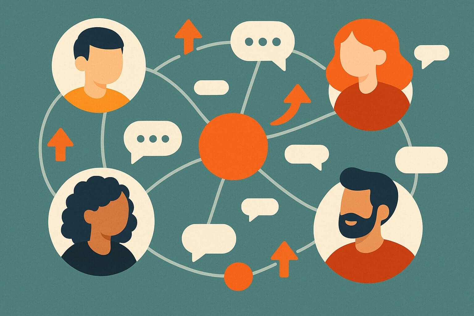 An illustrated Reddit network where connected users exchange upvotes and chat bubbles, symbolizing organic community growth