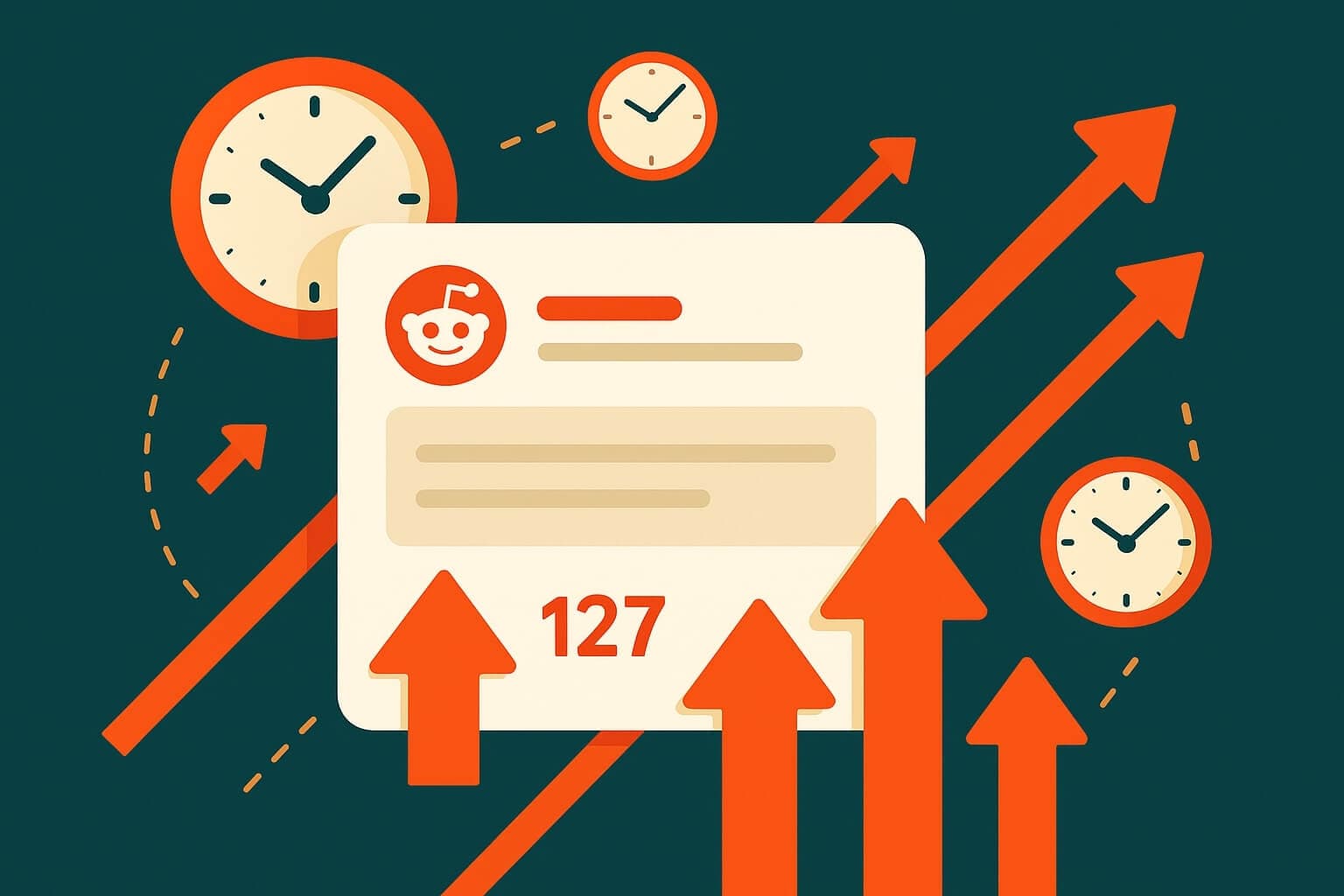 A stylized Reddit post clocking rapid upvotes, with clocks and arrows representing time-based growth