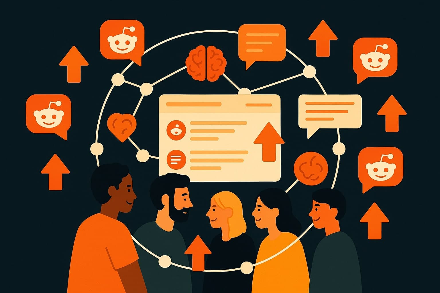 A flat illustration showing Reddit users forming a connected network with upvote arrows symbolizing engagement growth