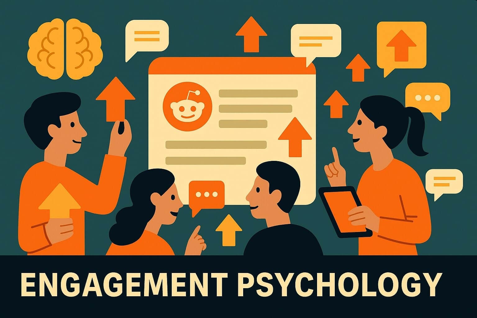A modern flat illustration showing Reddit users analyzing posts, with brain icons, chat bubbles, and upvote arrows symbolizing engagement psychology