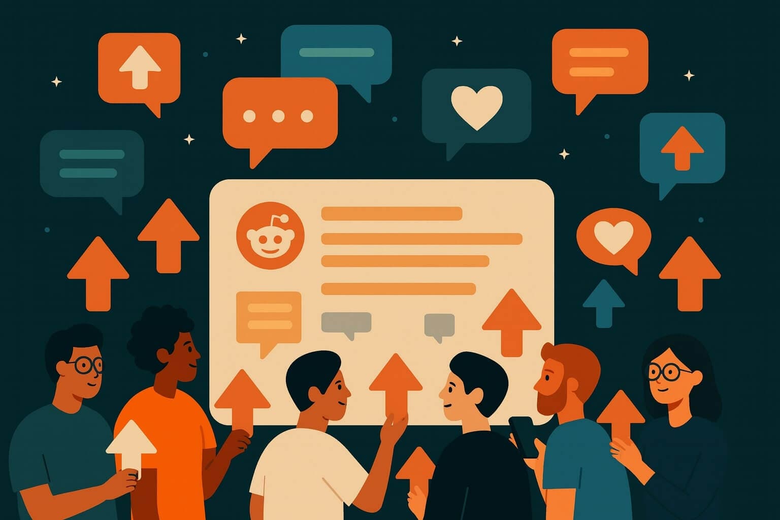 An illustrated Reddit community with diverse users exchanging comments and upvotes, symbolizing social validation