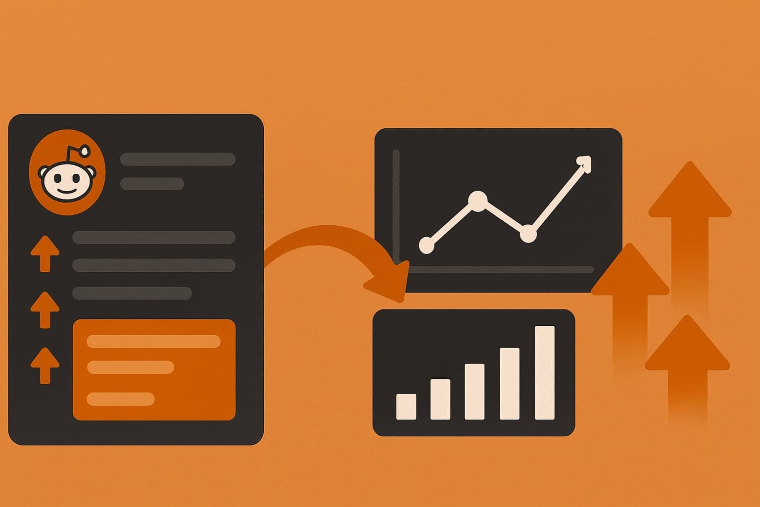 A modern flat illustration of Reddit posts evolving into growth charts and analytics dashboards, representing conversions