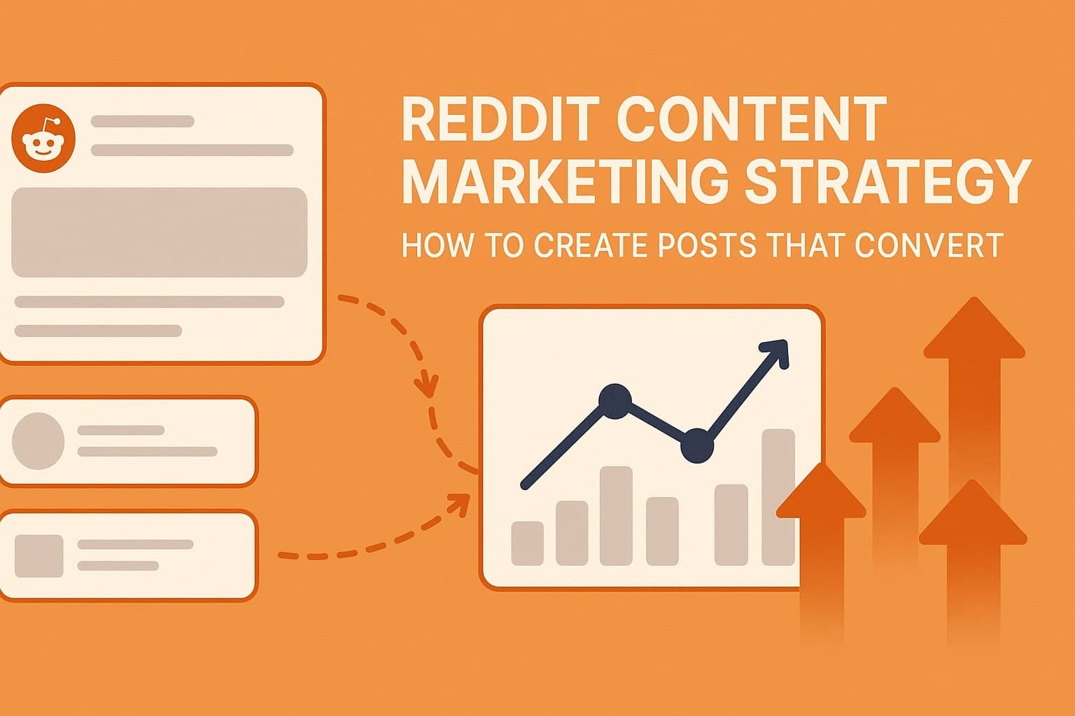 A flat-style illustration showing Reddit posts transforming into analytics charts and upvote arrows, symbolizing conversion and growth
