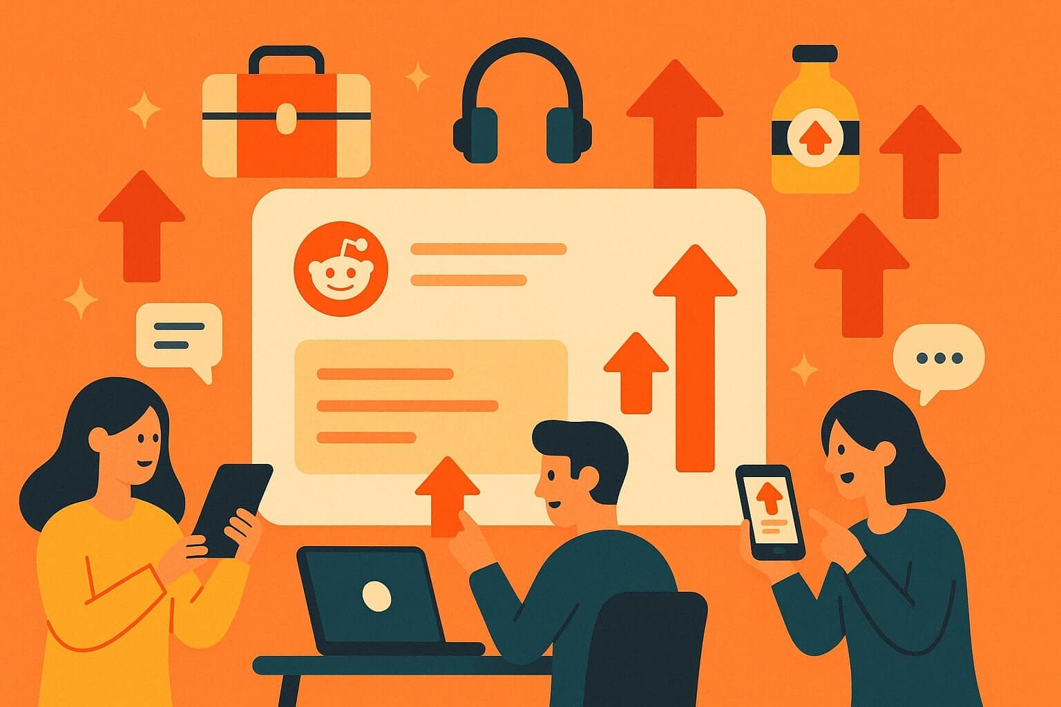 A modern illustration of shoppers researching products on Reddit using community posts, upvote arrows, and product icons, representing consumer insights and purchase decisions
