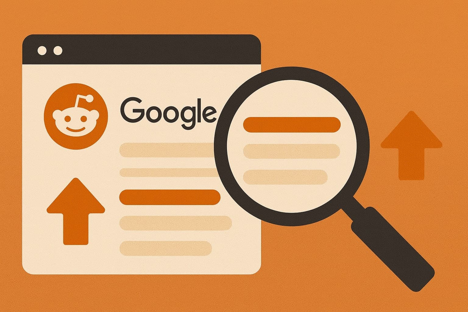 A stylized flat illustration of Reddit posts appearing on Google search pages with magnifying glass and upvote icons