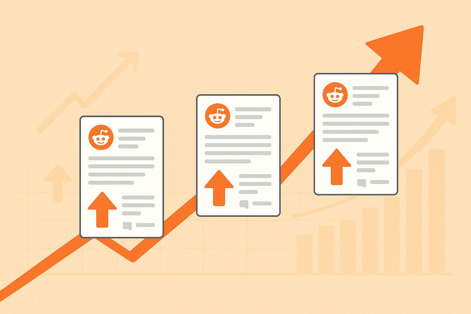Illustration showing Reddit posts rising with upvote arrows and charts