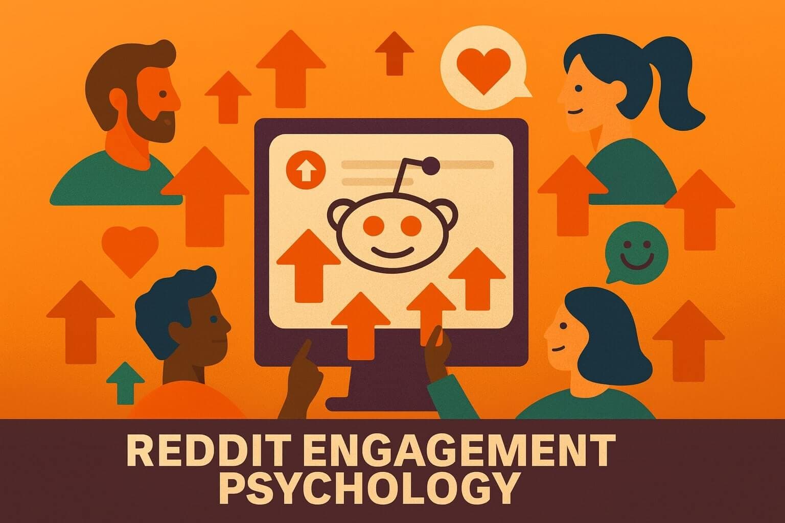 A flat digital illustration of Reddit users reacting with upvotes, brain icons, and emotional symbols representing engagement psychology