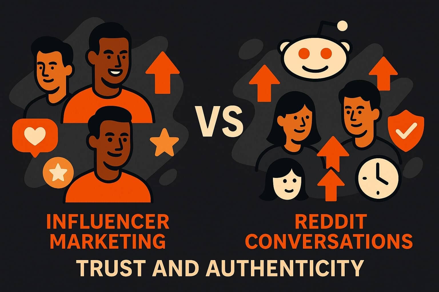 A conceptual illustration contrasting influencer marketing with stylized influencer icons versus Reddit community conversations with chat bubbles, upvote arrows, and authenticity symbols, representing trust and authenticity