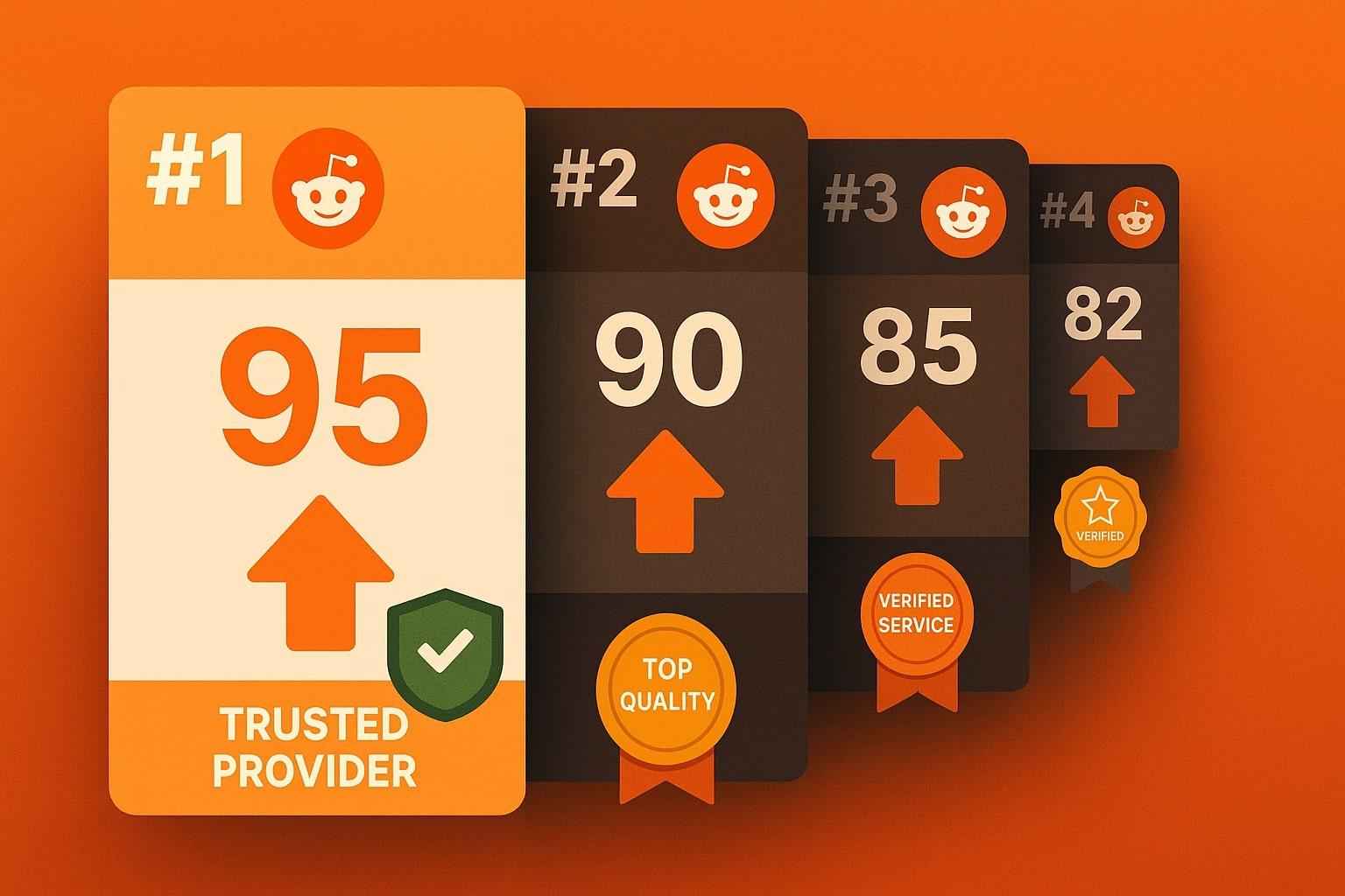 A ranking-style infographic showing multiple Reddit service cards with upvote icons and trust badges